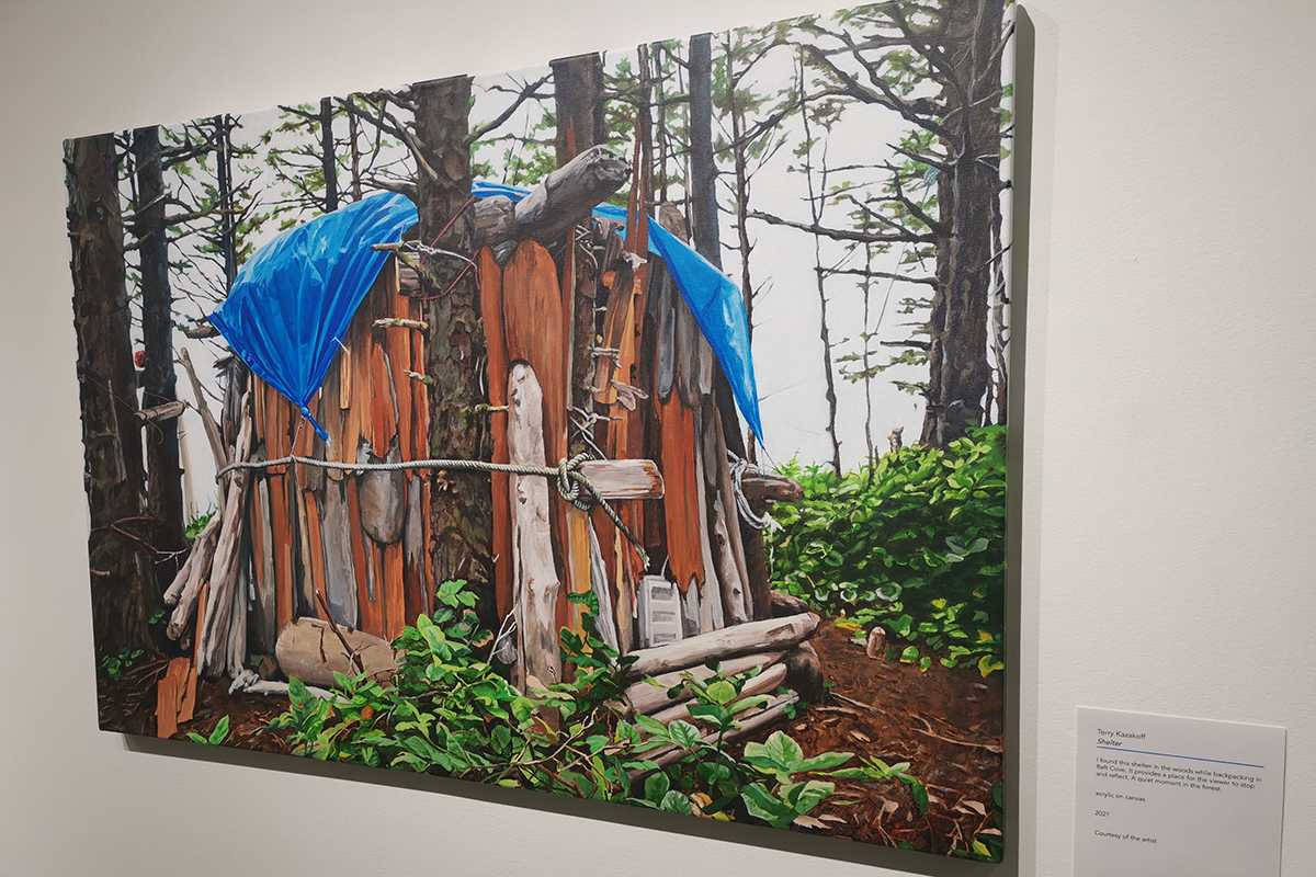A piece in the 40th Annual Members show, a makeshift shelter in the forest