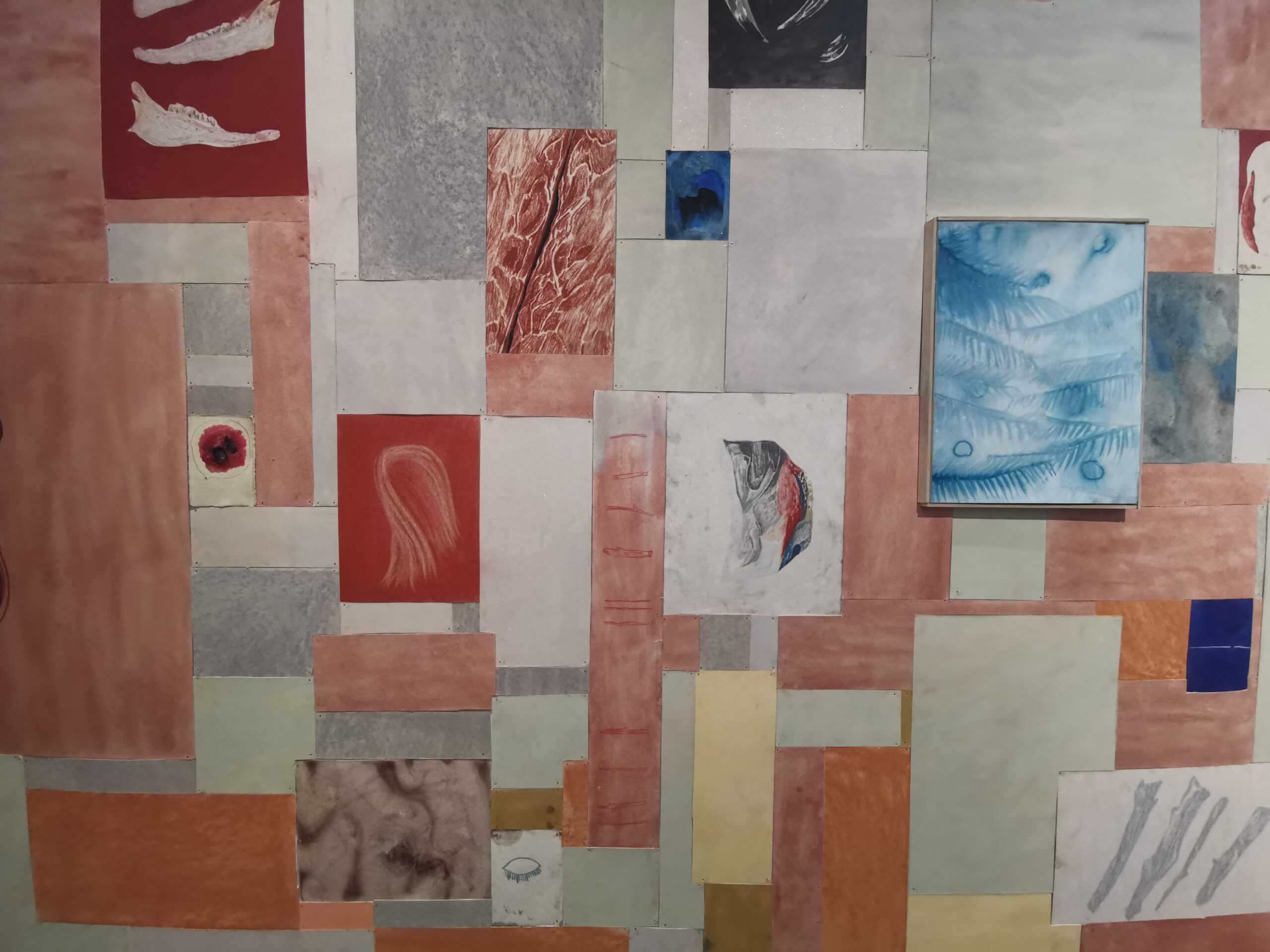 Artworks by Sylvie Ringer in a collage display on a wall