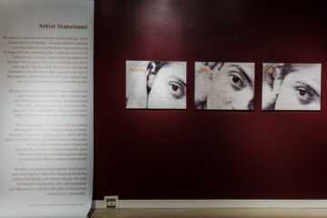 Farheen HaQ artist statement with photographs on a maroon wall